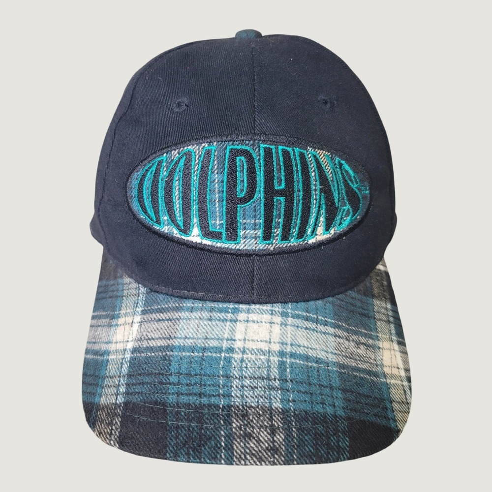 Vintage Miami Dolphins Hat Youth Annco NFL Snapback Plaid Brim Black Teal Cap